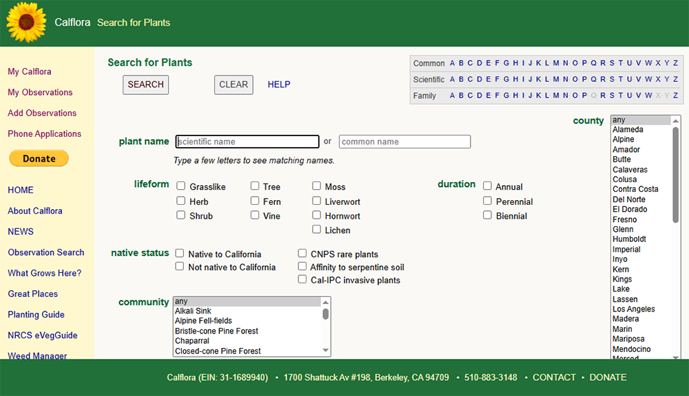 Screen shot of Calflora database search tool
