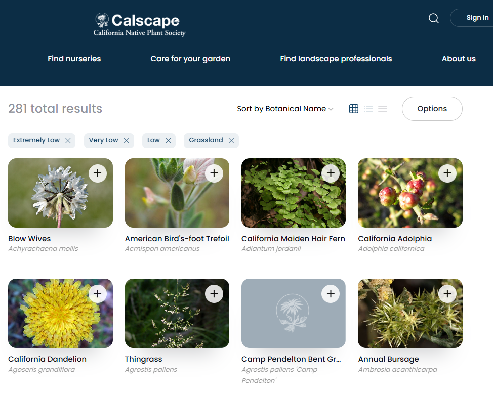 Screen shot of CNPS Calscape plant search interface