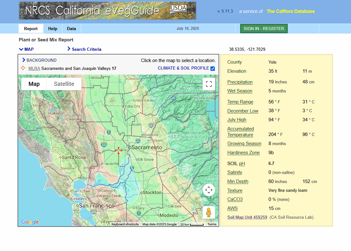 screen shot of NRCS california evegguide online plant search tool