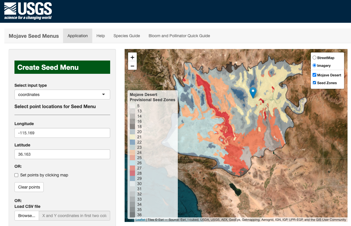 User interface of the Mojave Seed Menus online tool